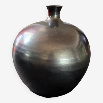 Large vintage ball vase 1960 black ceramic oil