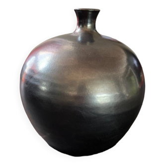 Gros vase boule vintage 1960 noir petrole ceramique