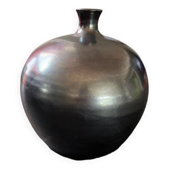 Large vintage ball vase 1960 black ceramic oil
