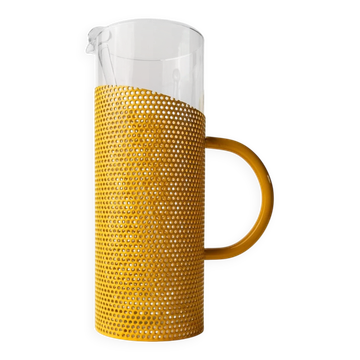 Pichet vintage en verre avec anse en métal jaune et pilon en verre - Design coloré par De Agostini, style Memphis, Italie années 80 - Décoration de table, cadeau