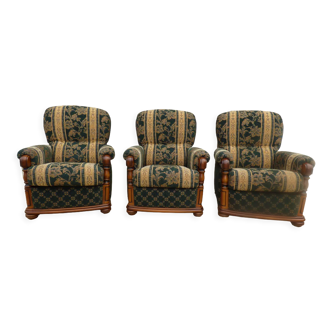 Three French-made cherry wood armchairs covered in velvet