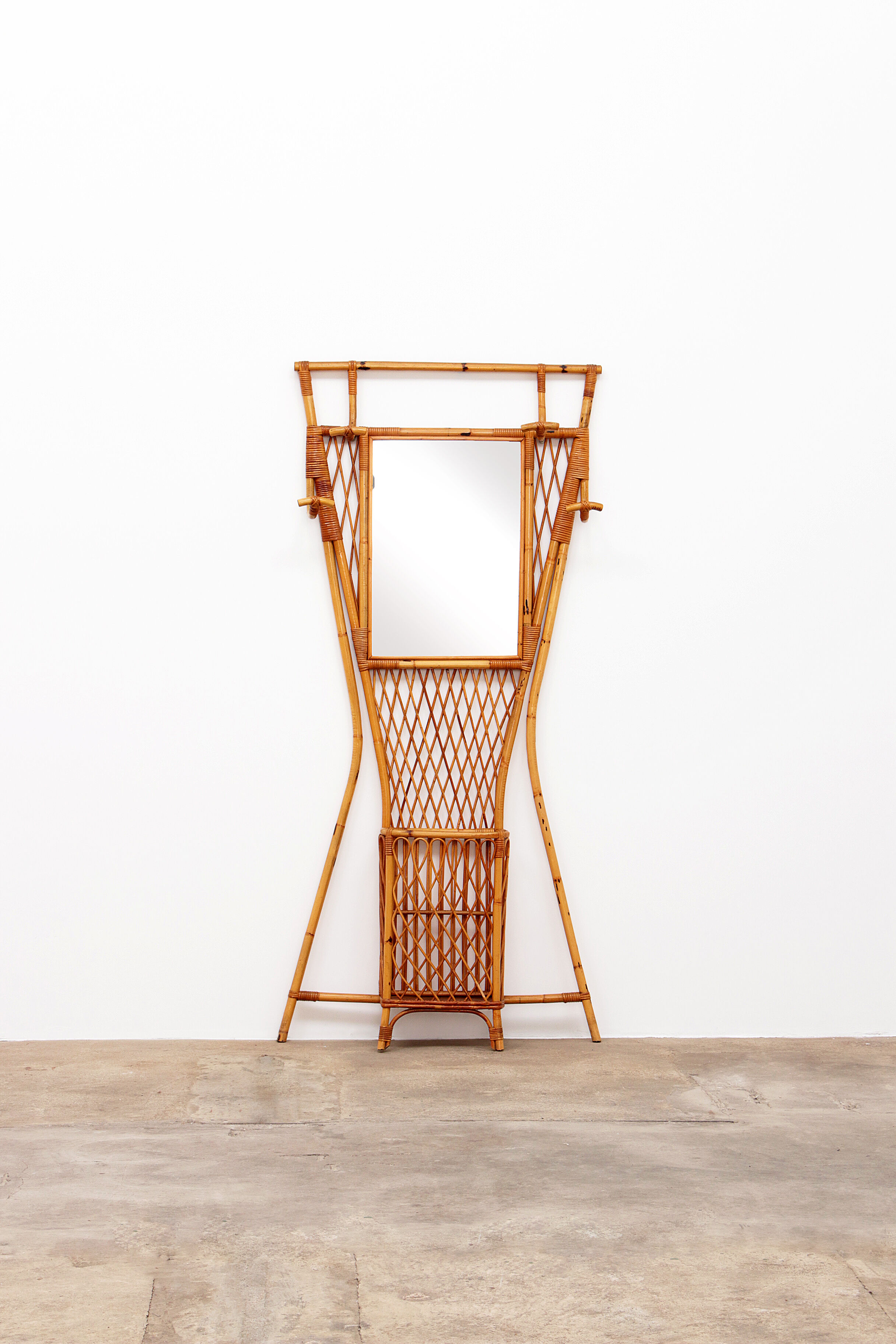 French Bamboo wall coat rack with large mirror, 1960