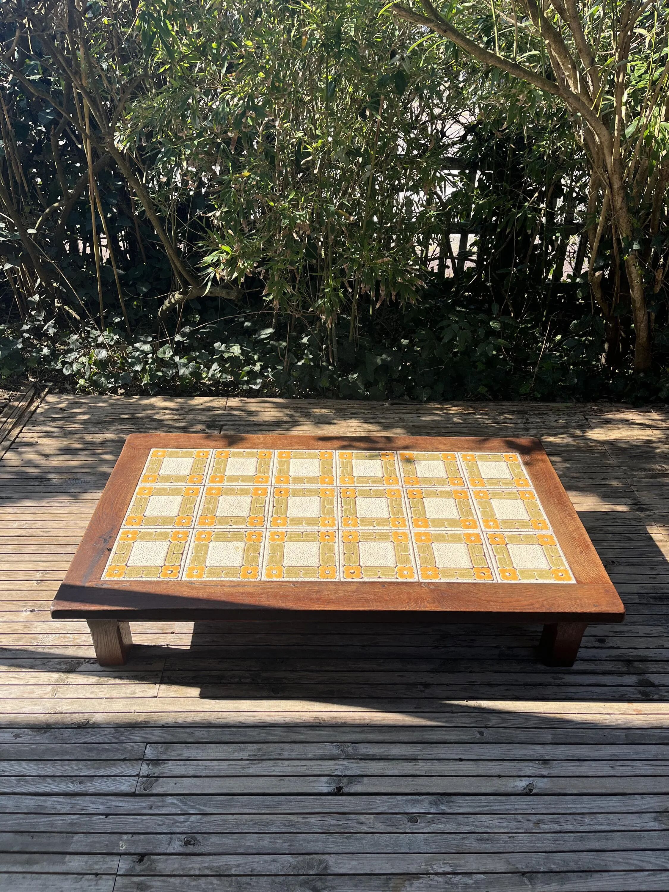 Large vintage 1960s oak and ceramic coffee table.