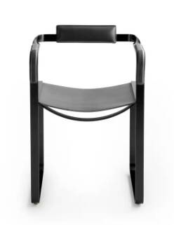 Armchair, smoked black steel and black leather, contemporary style.