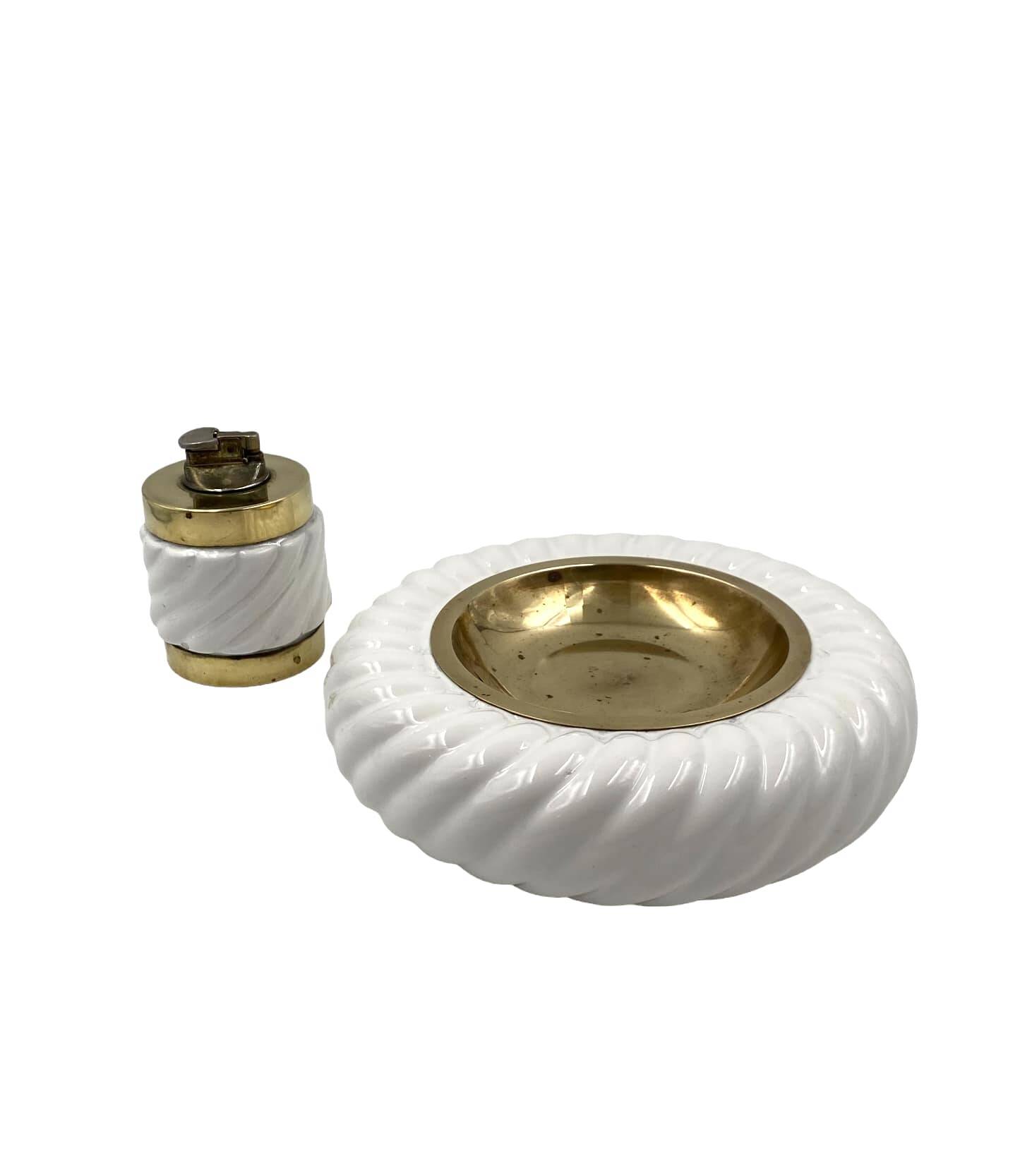 Tommaso Barbi, Smoking set white ashtray and table lighter, B Ceramiche, ca. 1970