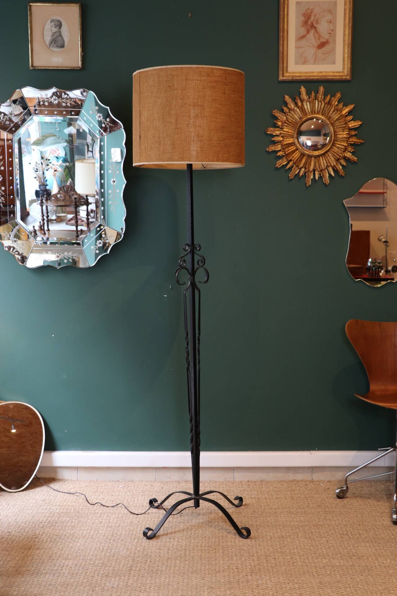 Very large brutalist wrought iron floor lamp, circa 1950
