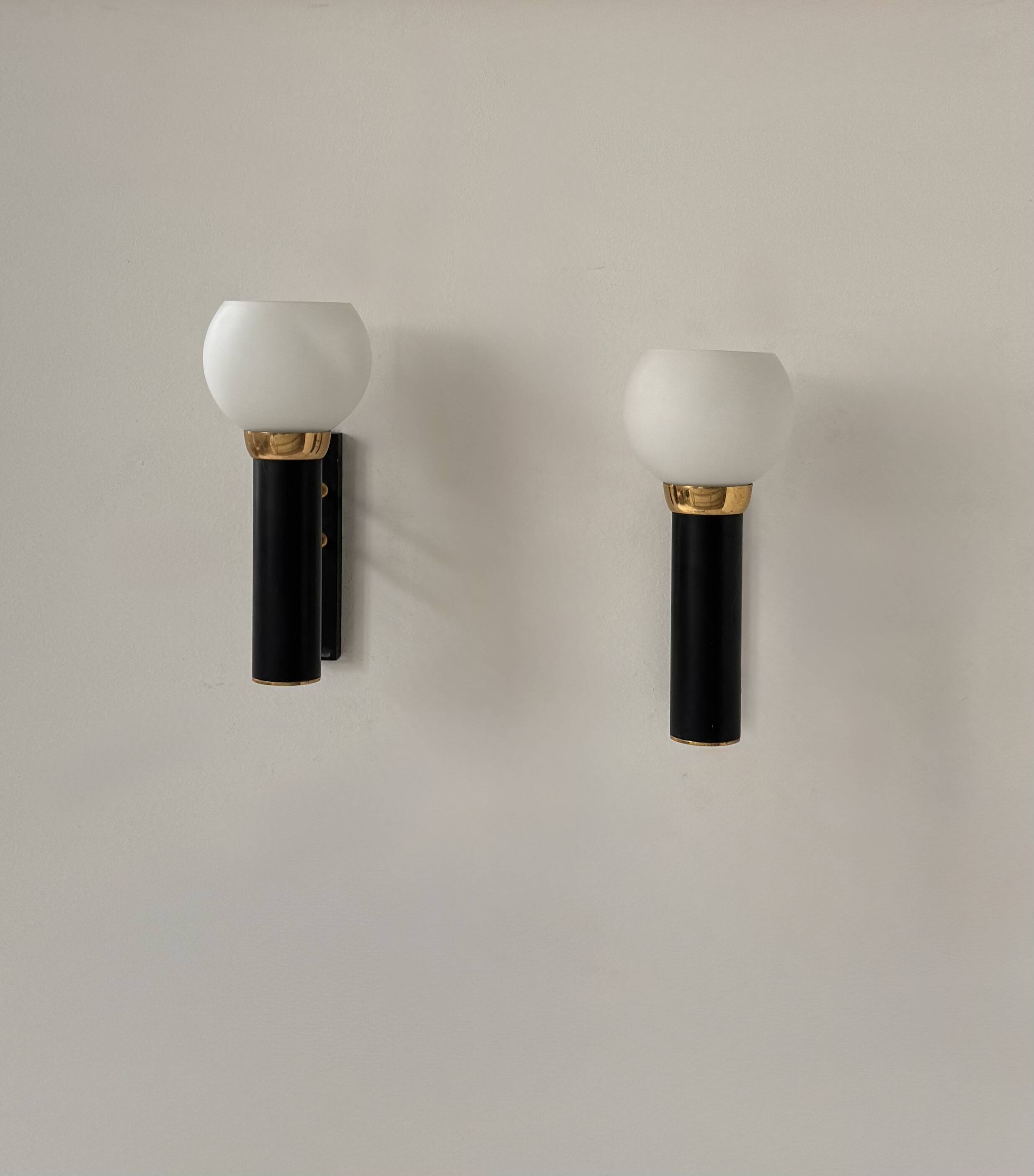 Pair of vintage wall lights, opaline brass and matte black metal, France, 1950