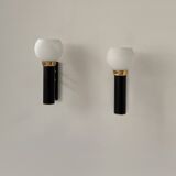 Pair of vintage wall lights, opaline brass and matte black metal, France, 1950