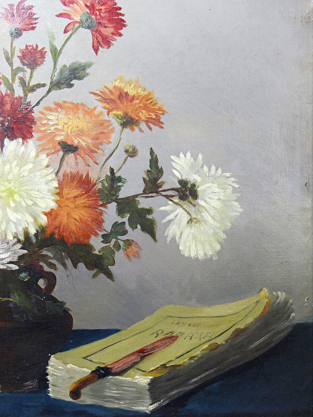 Oil painting on canvas, still life with chrysanthemums, signed L.Porte 1888.