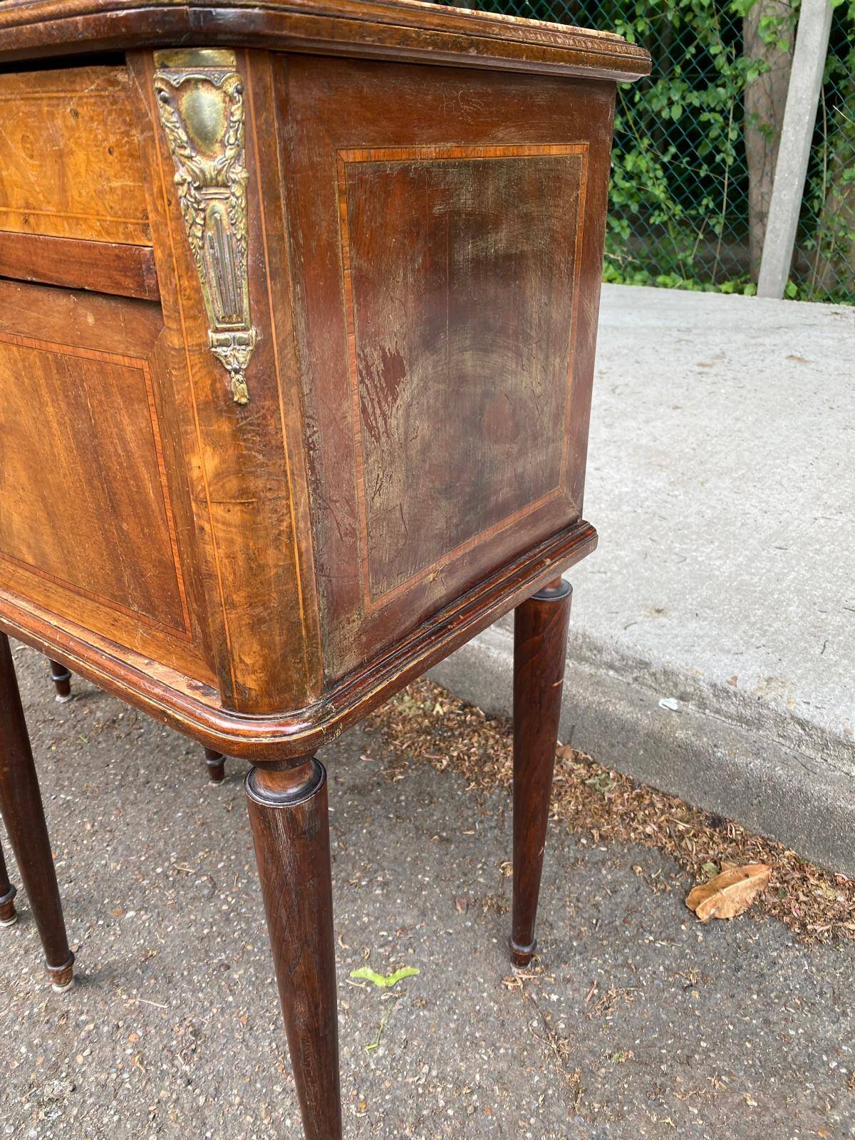 Pair of Louis XV bedside tables, 19th century, marquetry and pink marble