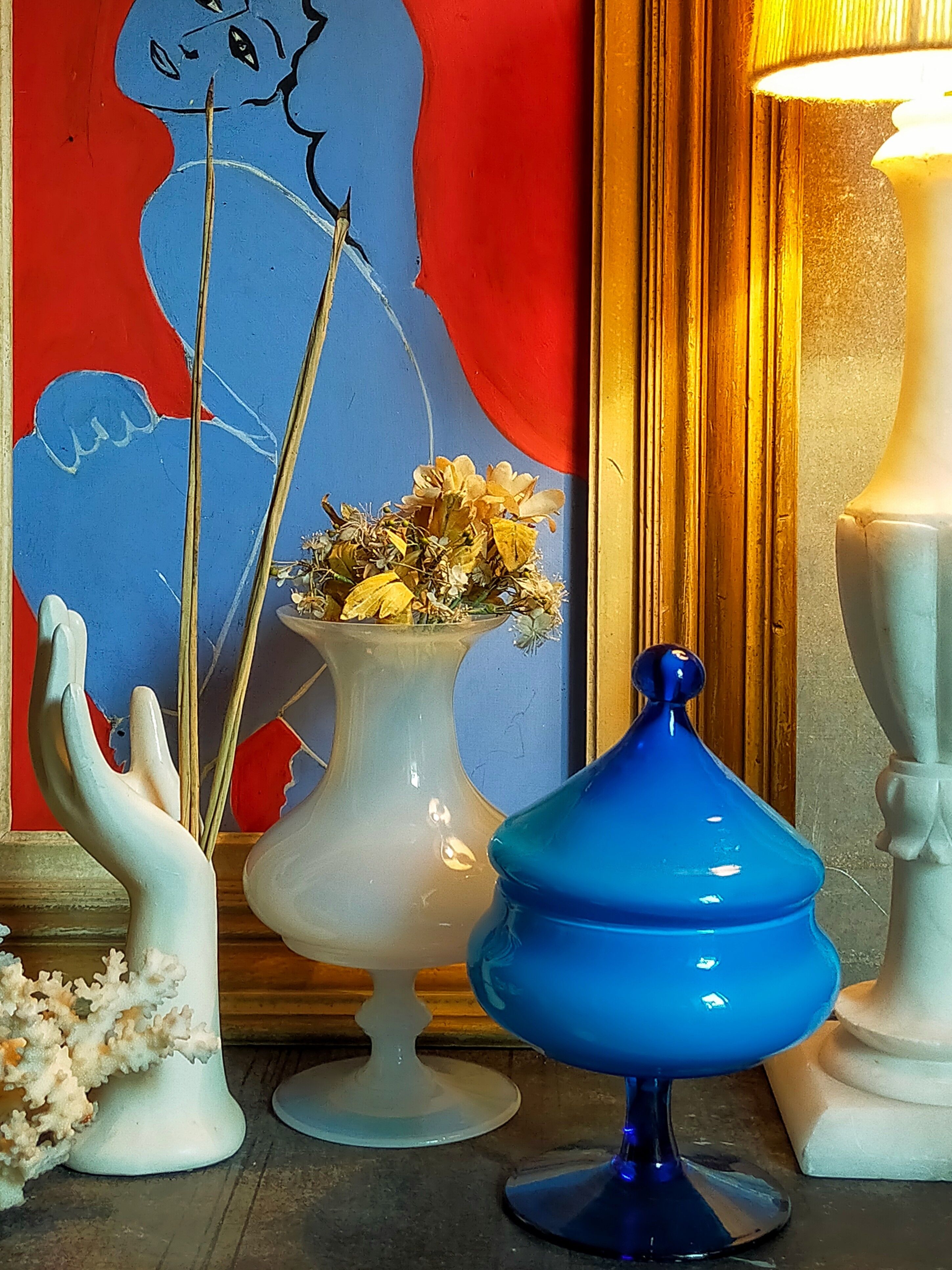 Covered pot on foot in vintage blue opaline