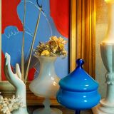 Covered pot on foot in vintage blue opaline