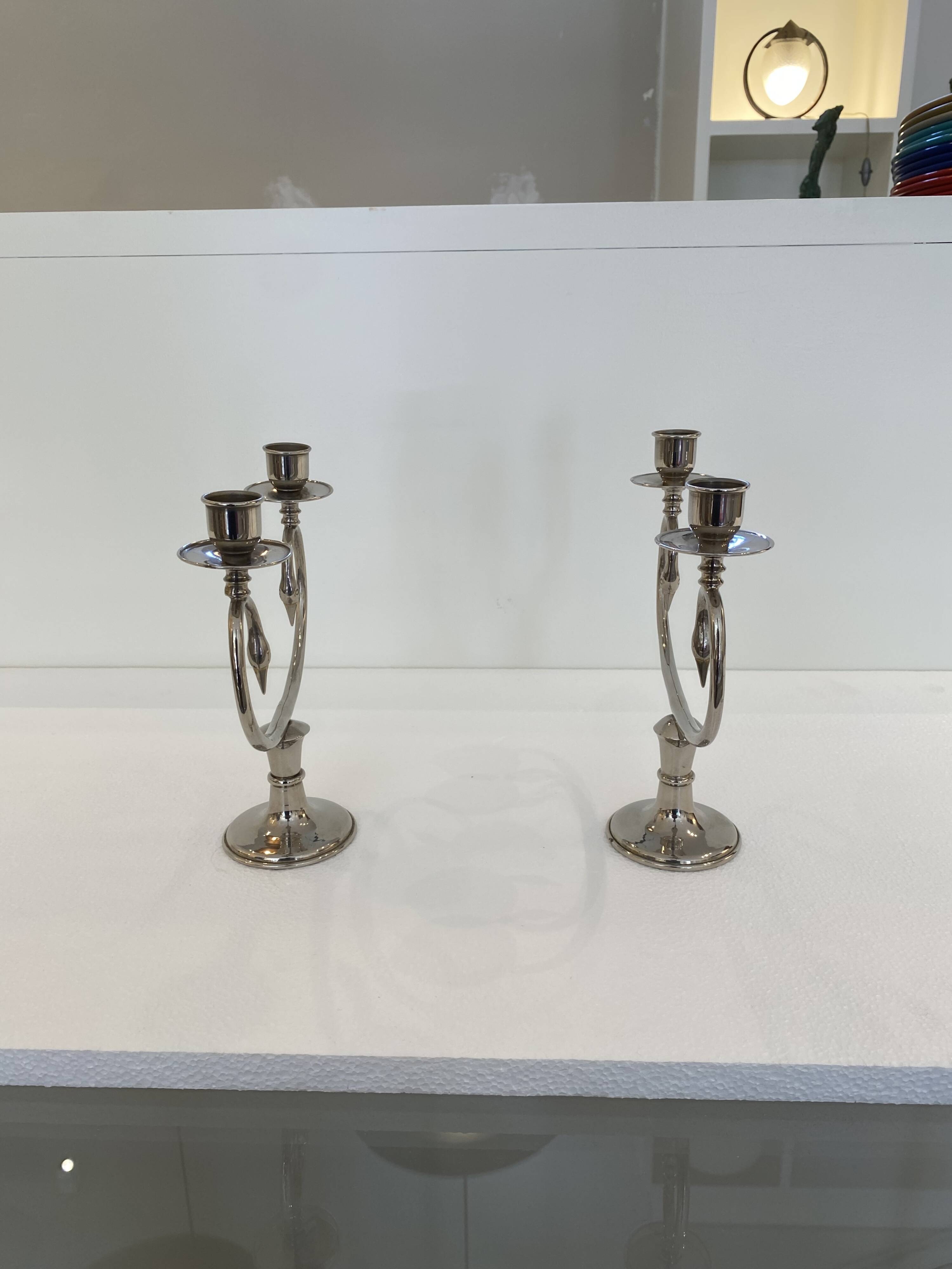 Silver Plated Pair Double Swan Candelabra Candleholders Sculptural 1970s