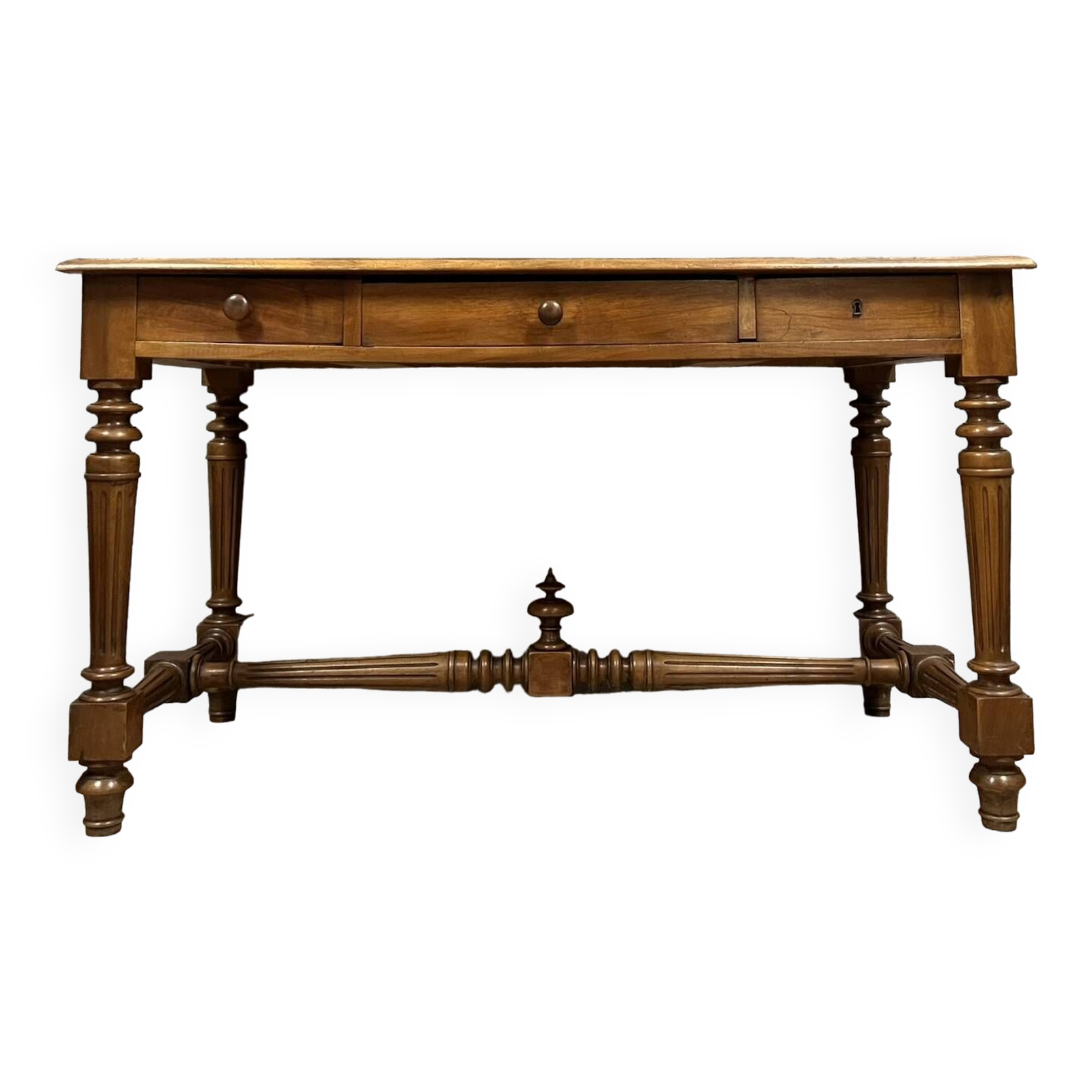 Magnificent Louis XVI style center flat desk in solid walnut circa 1850