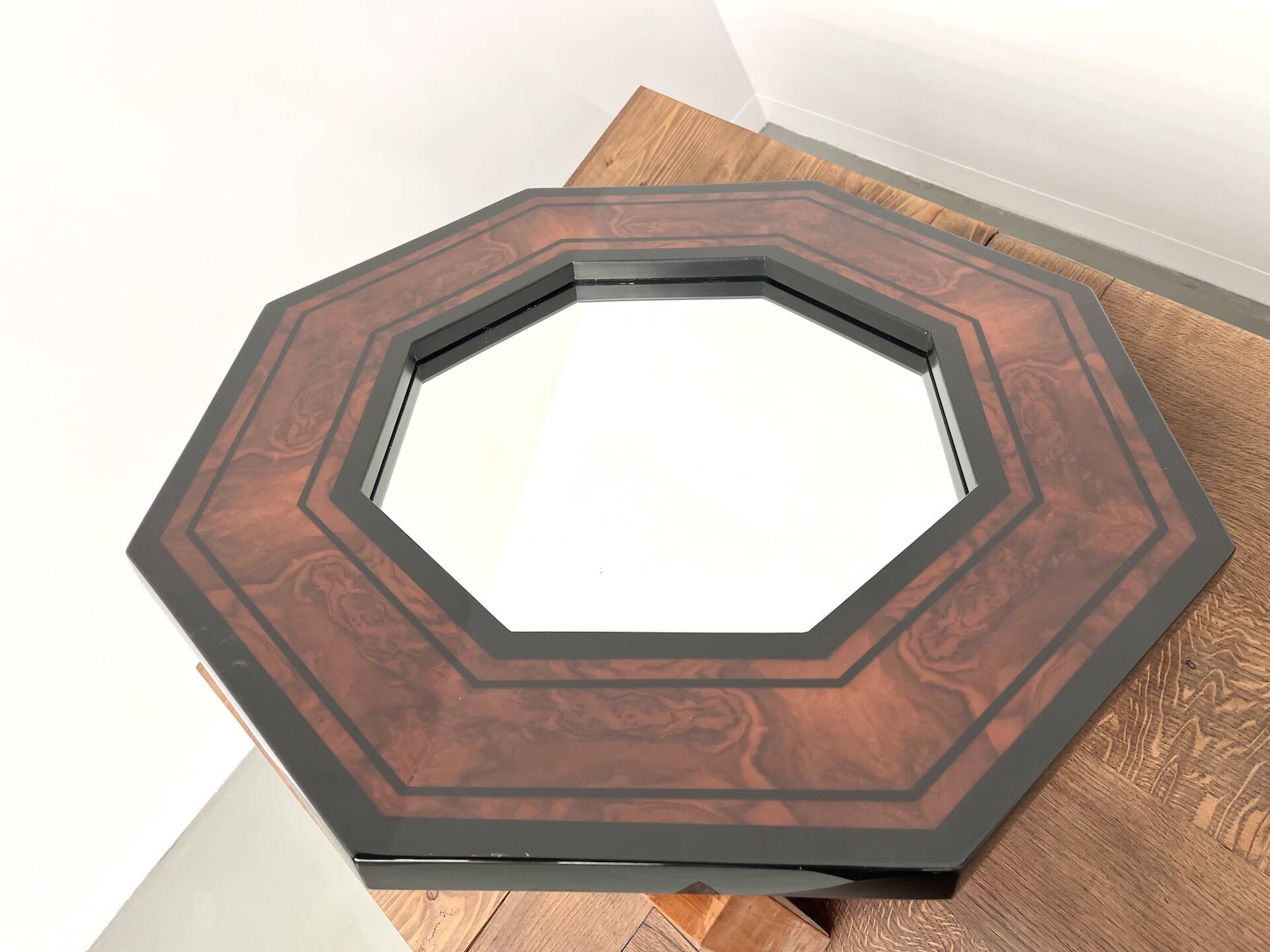 Octagonal wooden mirror by Jean-Claude Mahey
