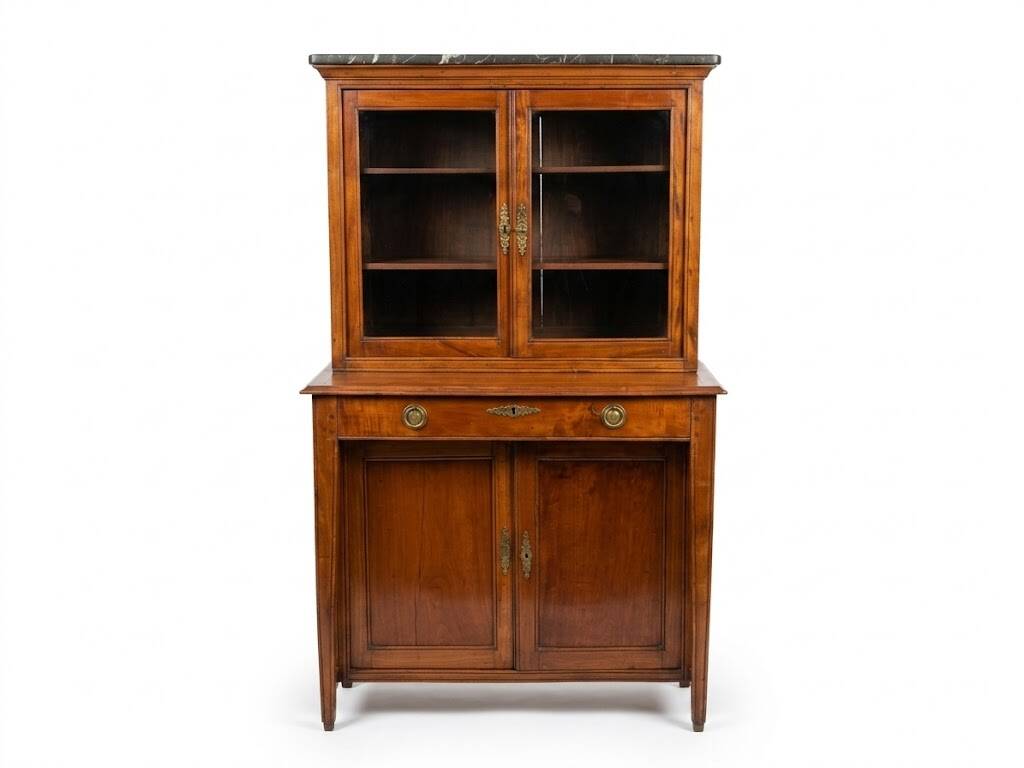Victorian English two-body buffet with cherry wood on marble display case from the 19th century.