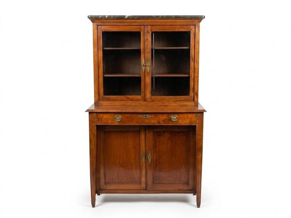 Buffet deux corps anglais victorien cerisier dessus marbre vitrine XIXe siè