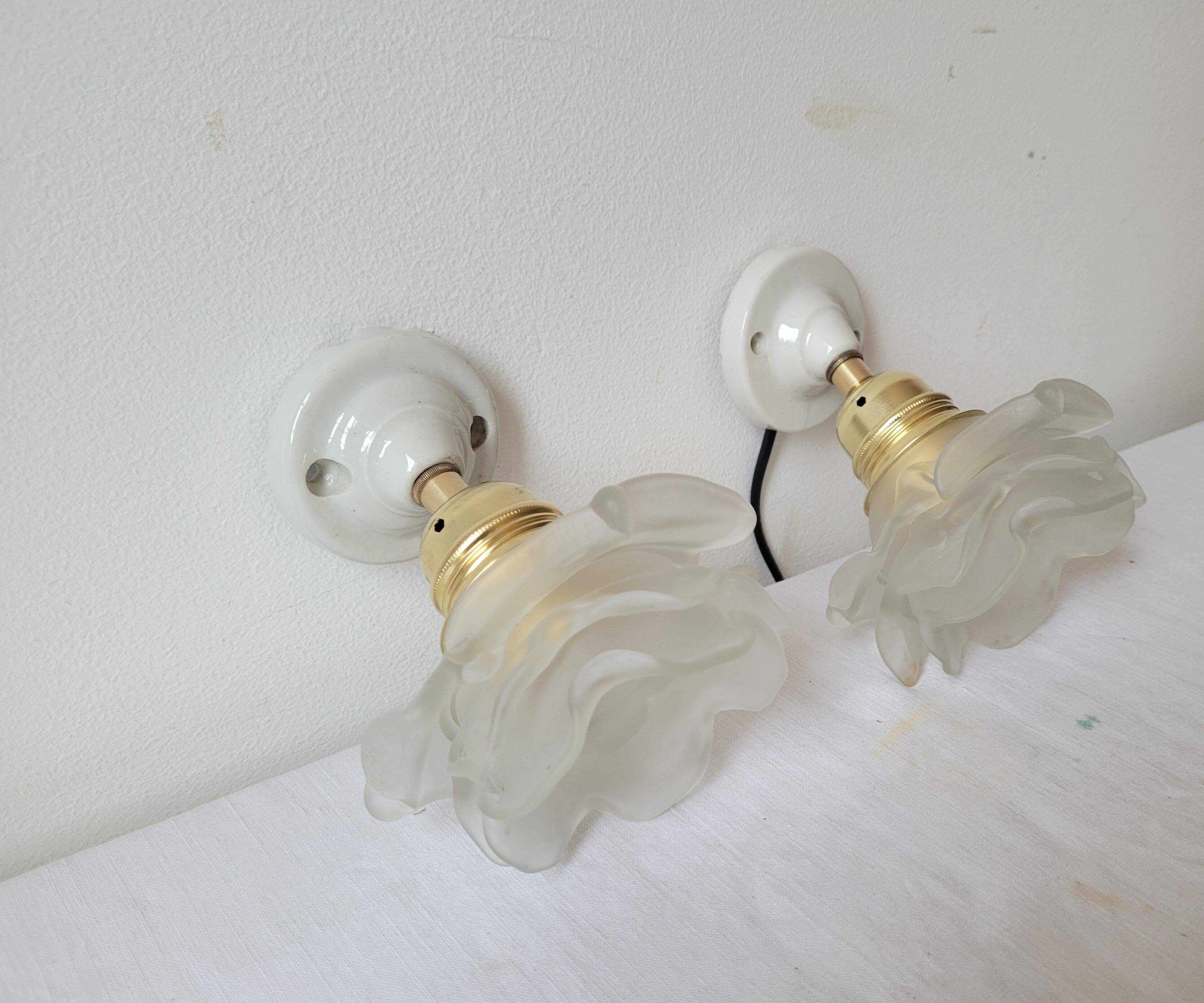 Duo of glass and porcelain flower wall lights