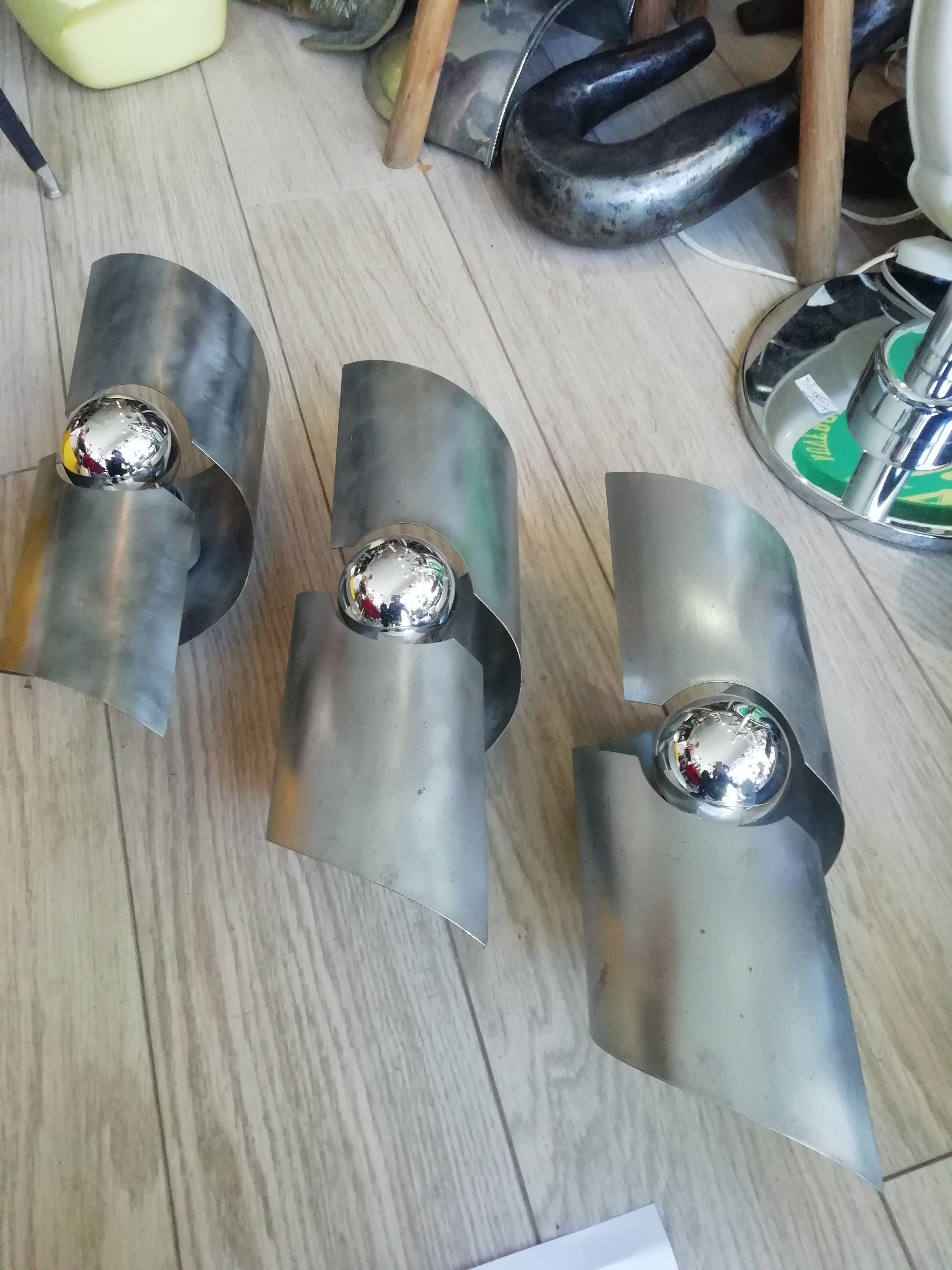 3 frosted steel sconces 70s