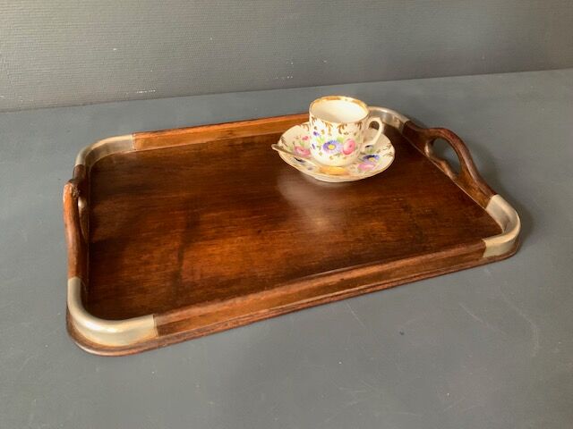 Old tray in wood and brass