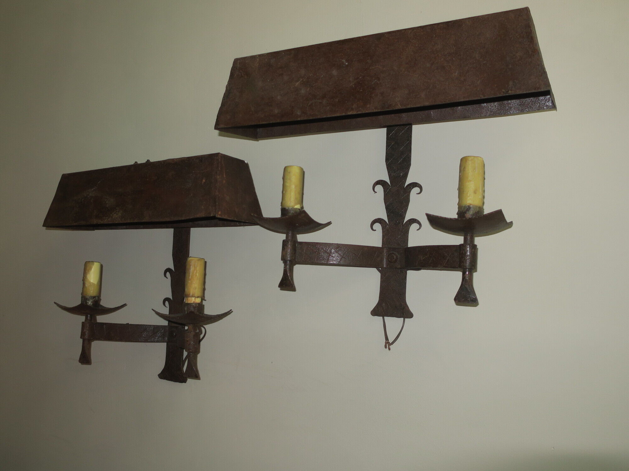 Pair of mid century patinated iron outdoor wall lights, 1960
