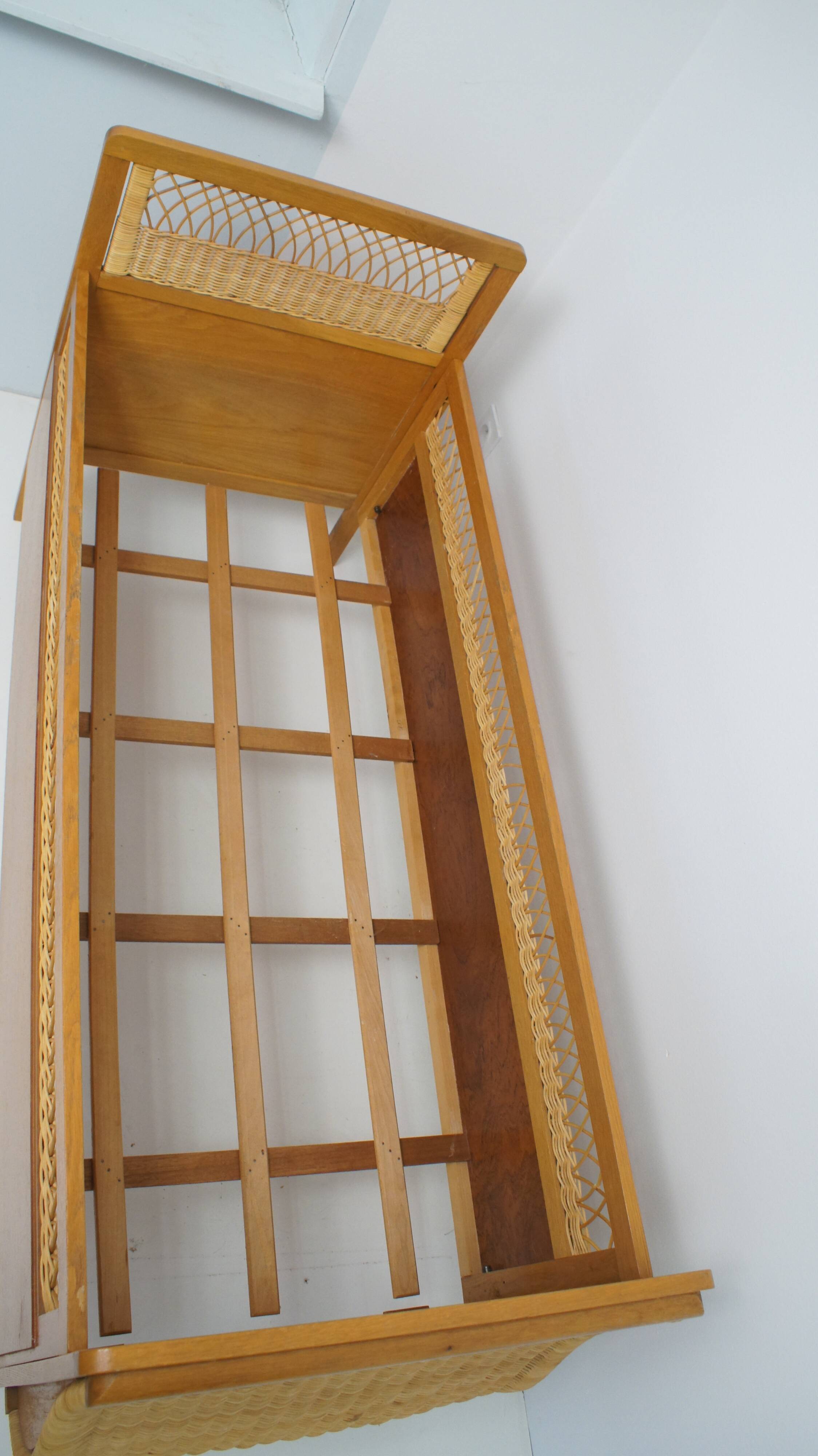 1960s oak and wicker baby bed