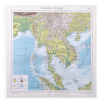 Carte vintage Indochine Asie Thaïlande 43x43cm de 1950