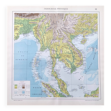 Carte vintage Indochine Asie Thaïlande 43x43cm de 1950