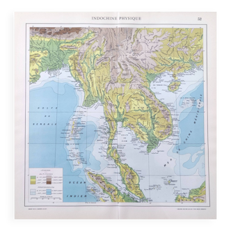 Vintage map Indochina Asia Thailand 43x43cm from 1950