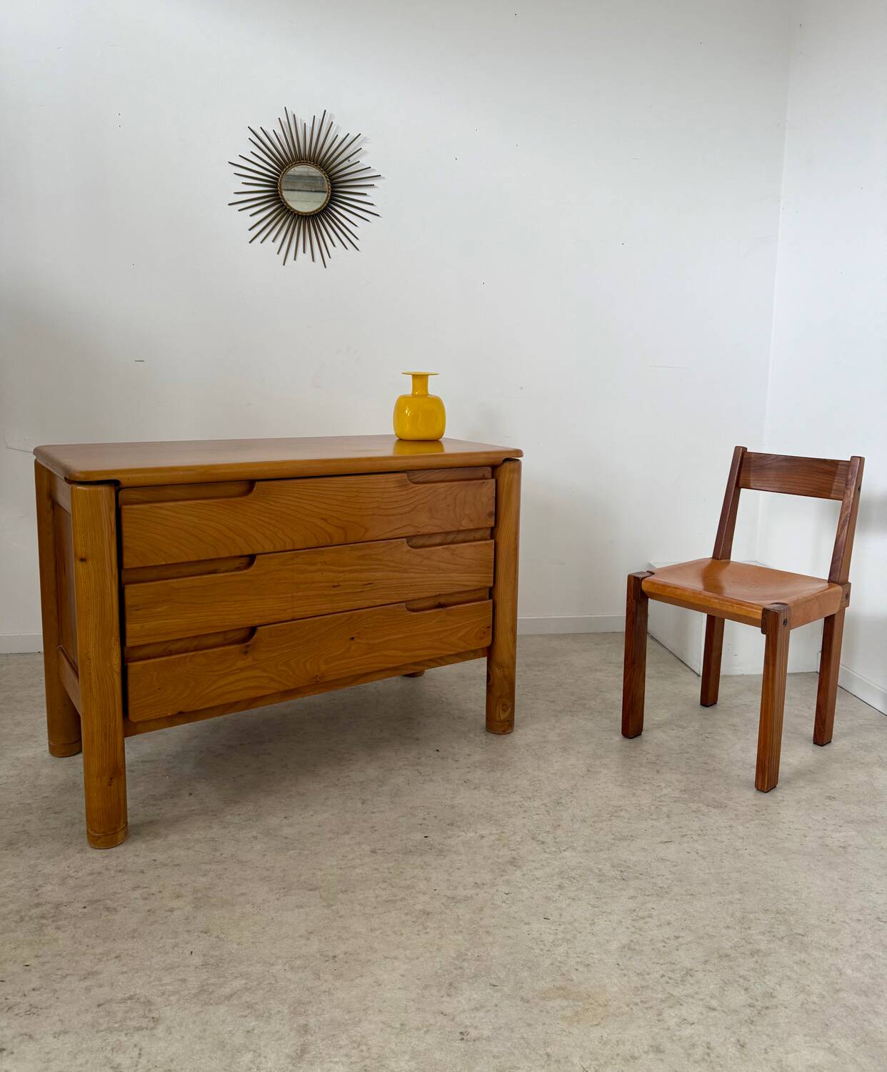 Antique solid elm chest of drawers, French design from the 60s, Maison Regain vintage