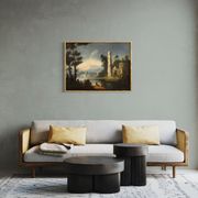 Antique painting river landscape with ruins and fishermen from the XVIIIth century