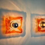 Pair of Murano Mazzega wall lights, orange frosted glass, Italy, 1970