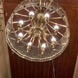 70s designer chandelier with smoked glass plates and gold metal frame