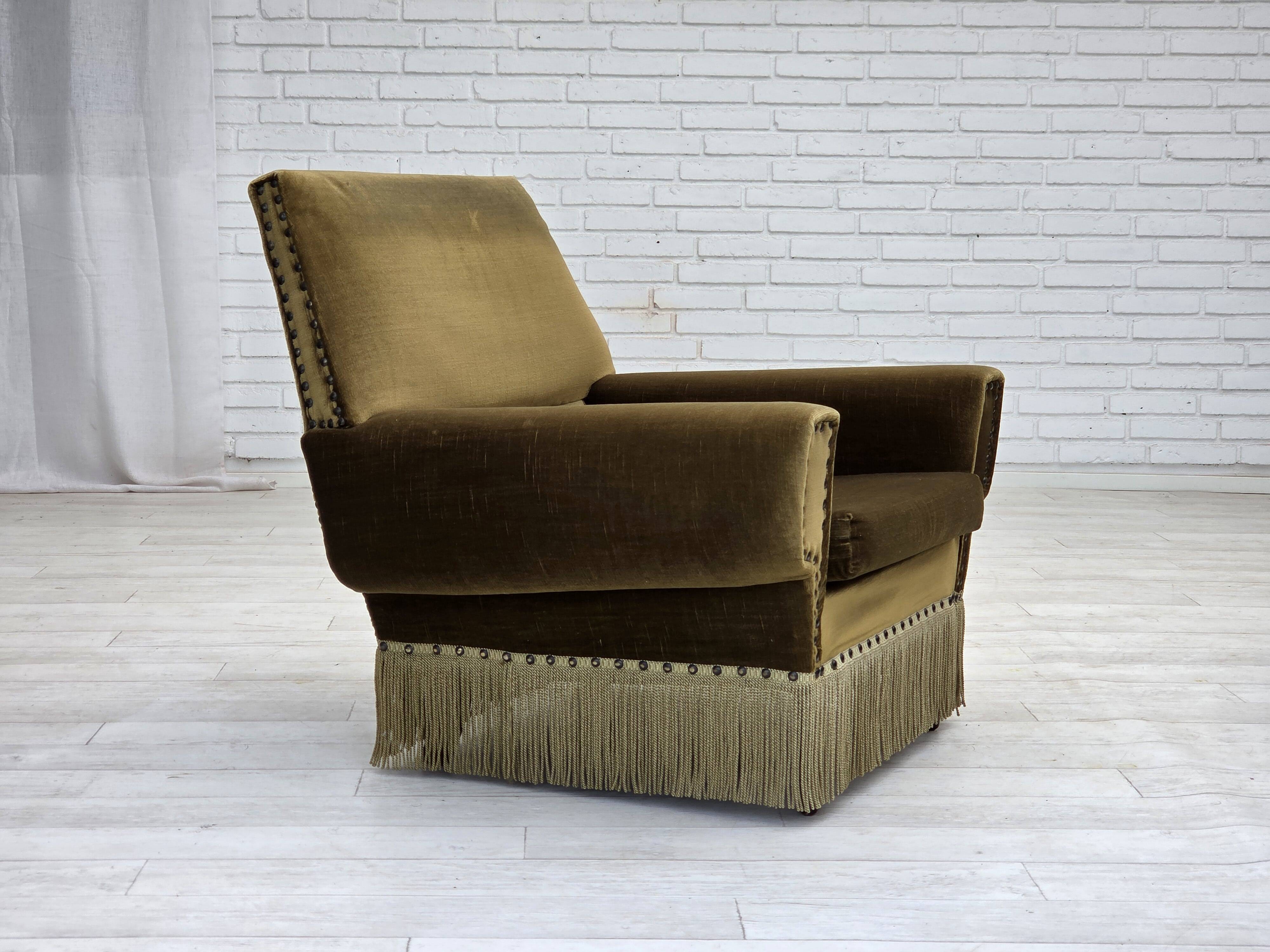 1970s, Danish armchair, green furniture velour, ash wood legs.