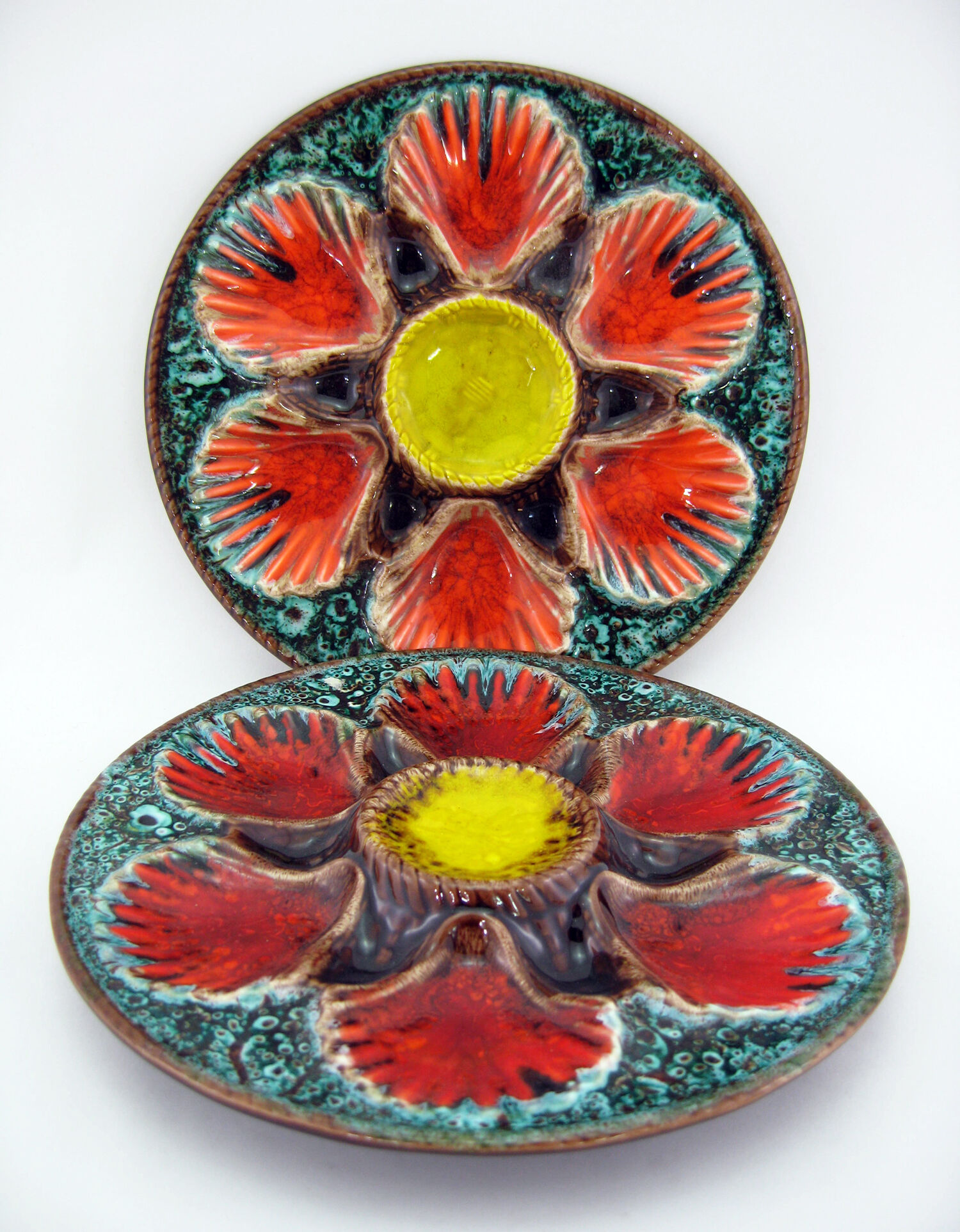 2 red/orange, yellow and green glazed ceramic oyster plates - Vallauris France - vintage