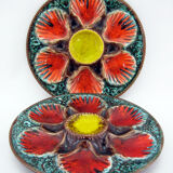 2 red/orange, yellow and green glazed ceramic oyster plates - Vallauris France - vintage