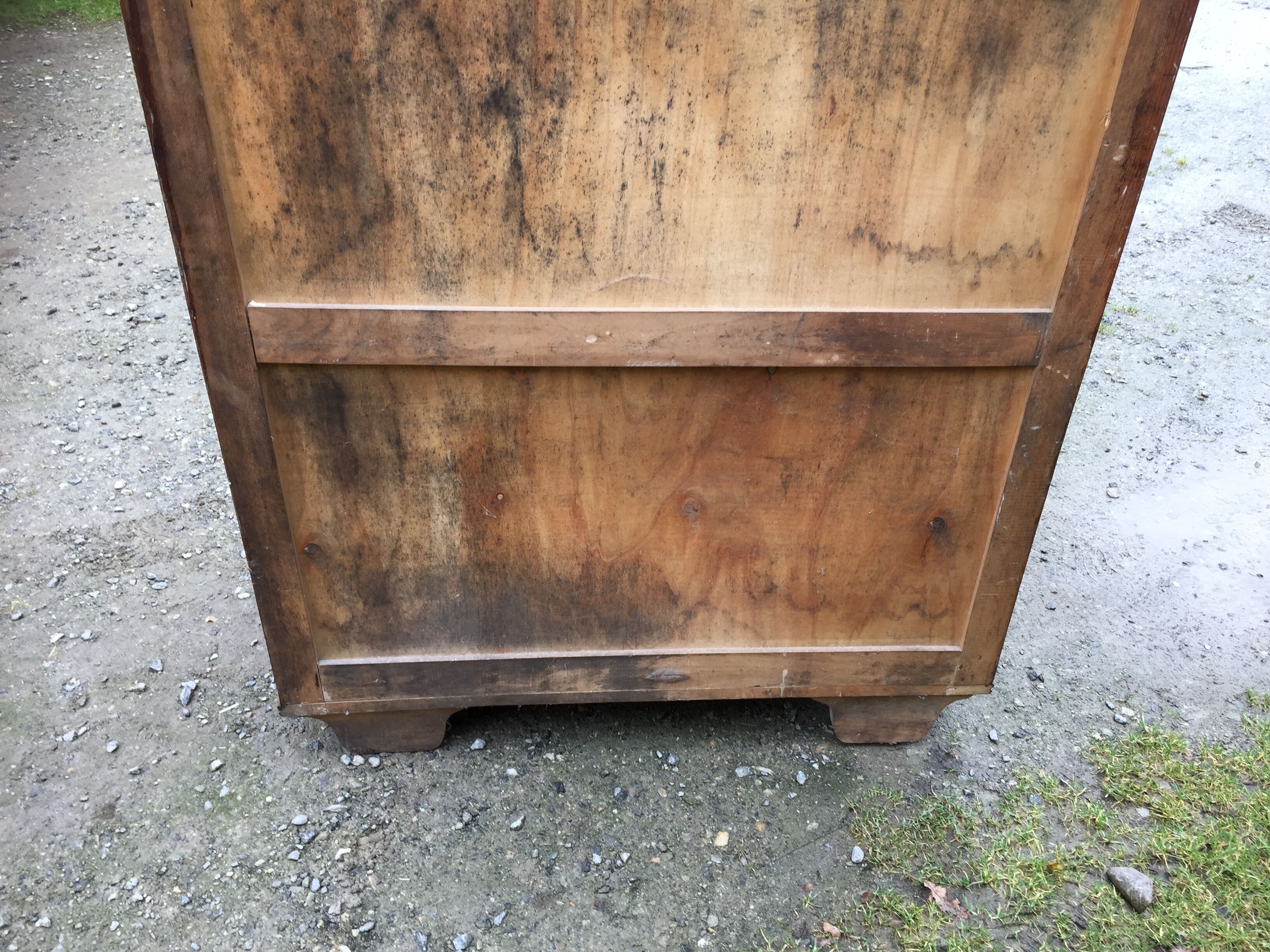 Vintage oak compass foot cabinet with 2 sliding doors painted red and blue