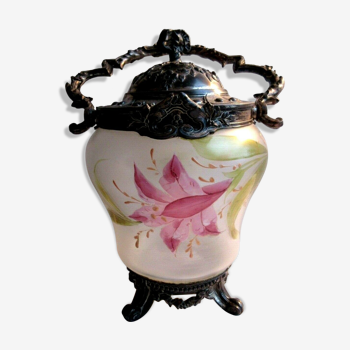 Pot à biscuits sur pied Louis XVI, seau verre émaillé Legras, le lys rose