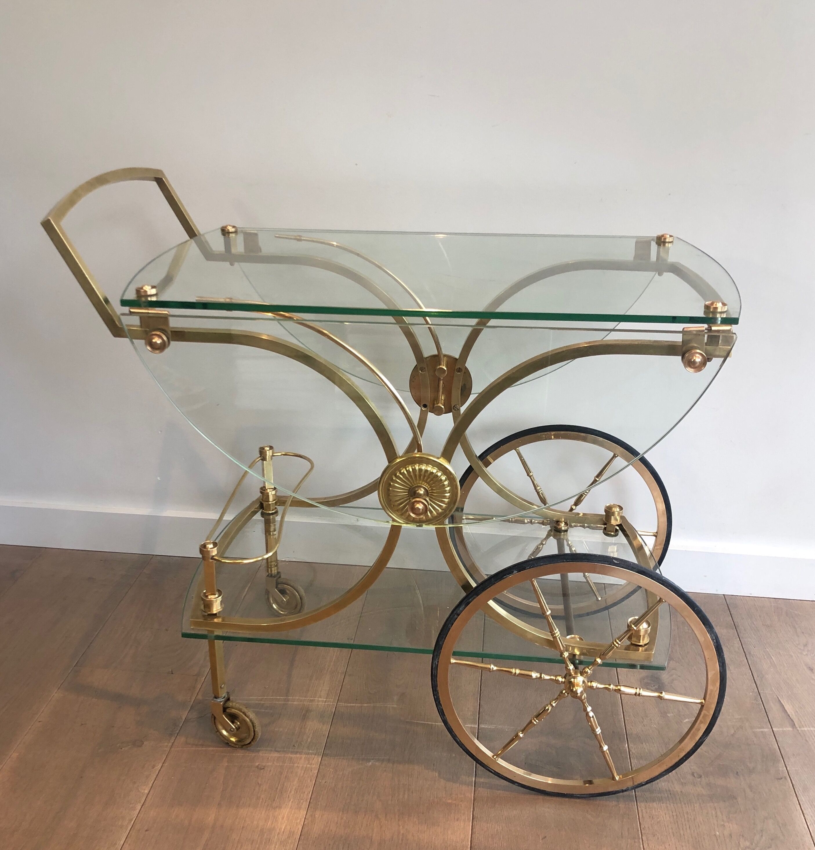 Neo classical style table in silver and gold metal and glass