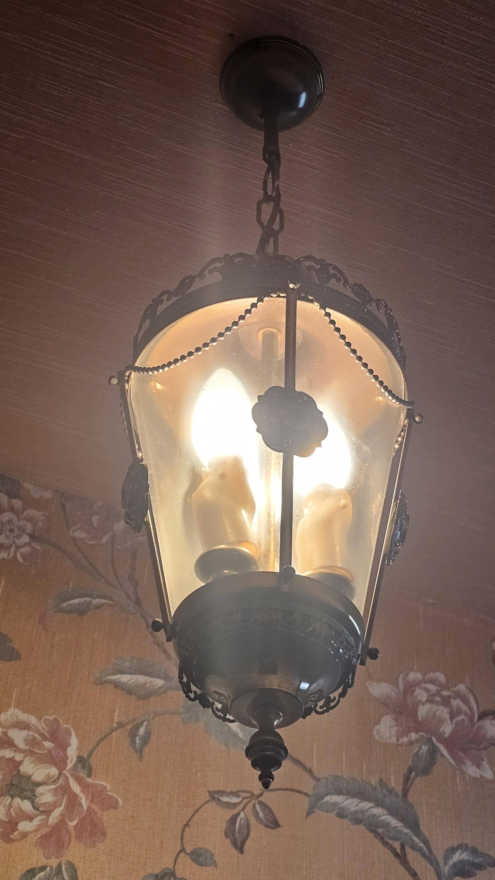 Patinated bronze ceiling lantern with smoked glass – Louis XVI style, 3 lights