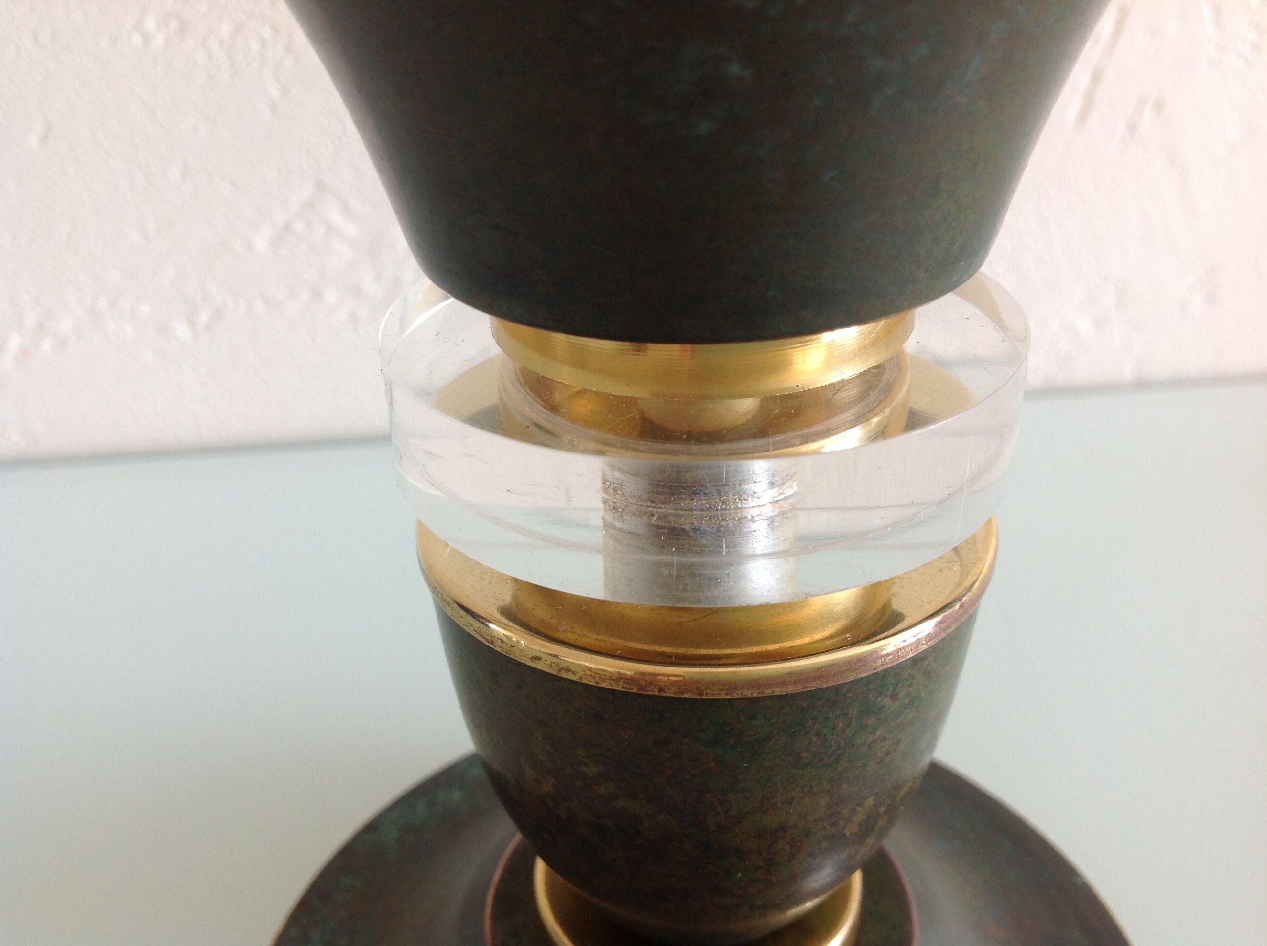 Brass lamp foot and art deco style wood