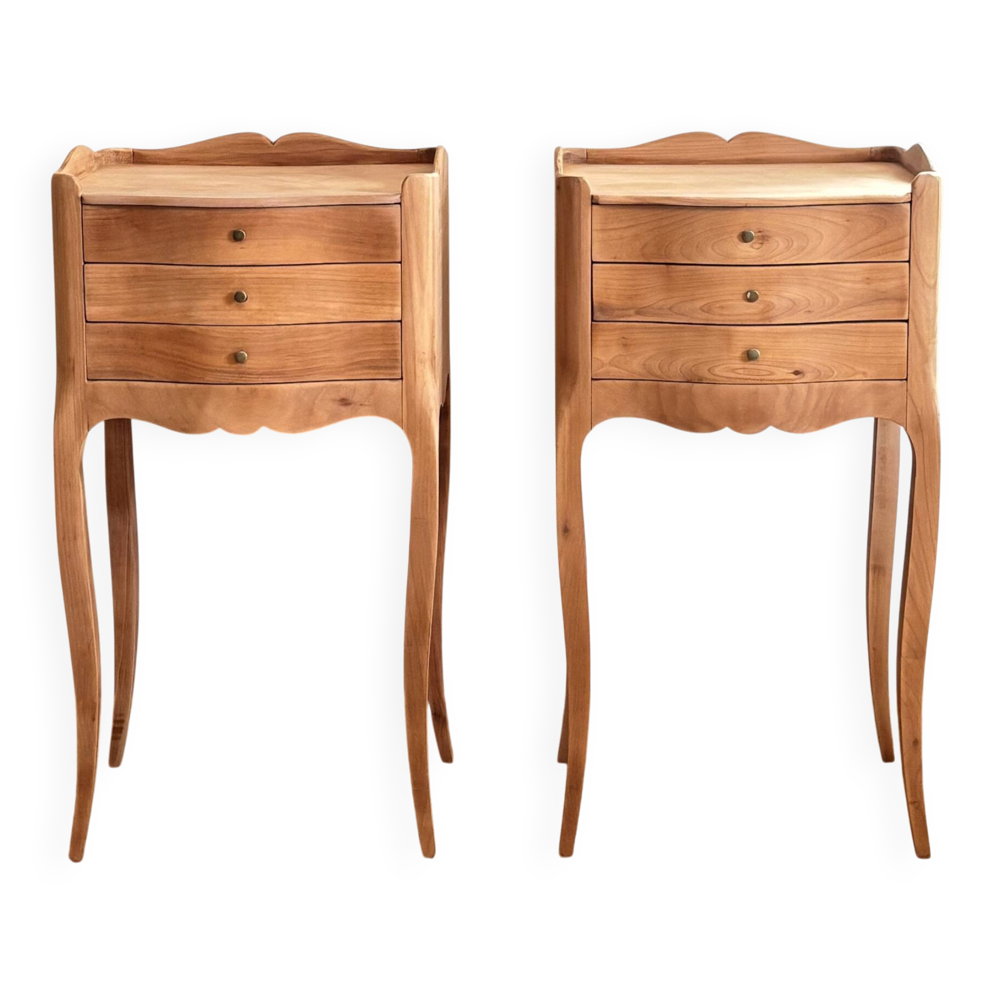 Pair of antique bedside tables / nightstands in raw wood.
