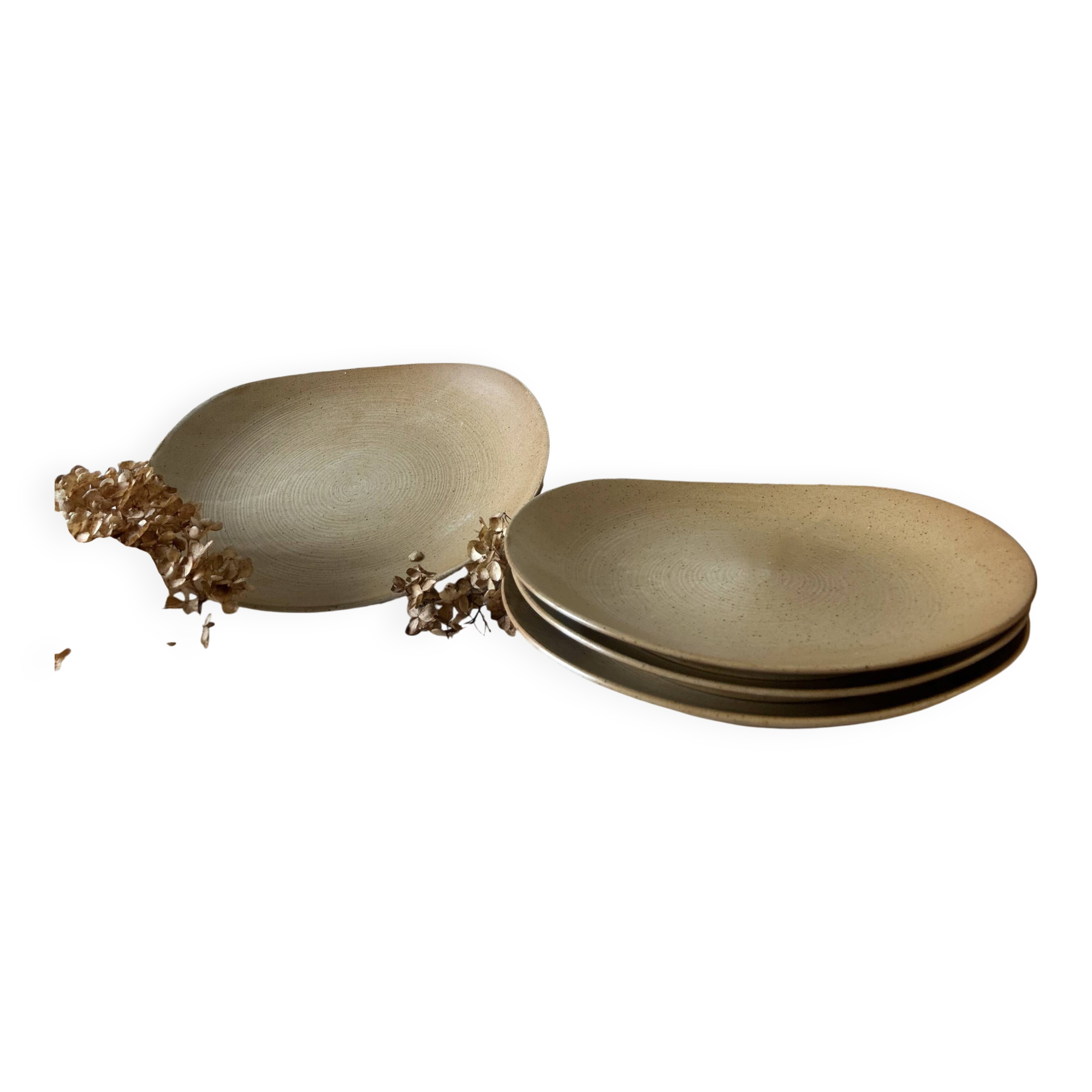 Lot grès et céramique – 2 vases vintage & 4 assiettes en grès spiralé