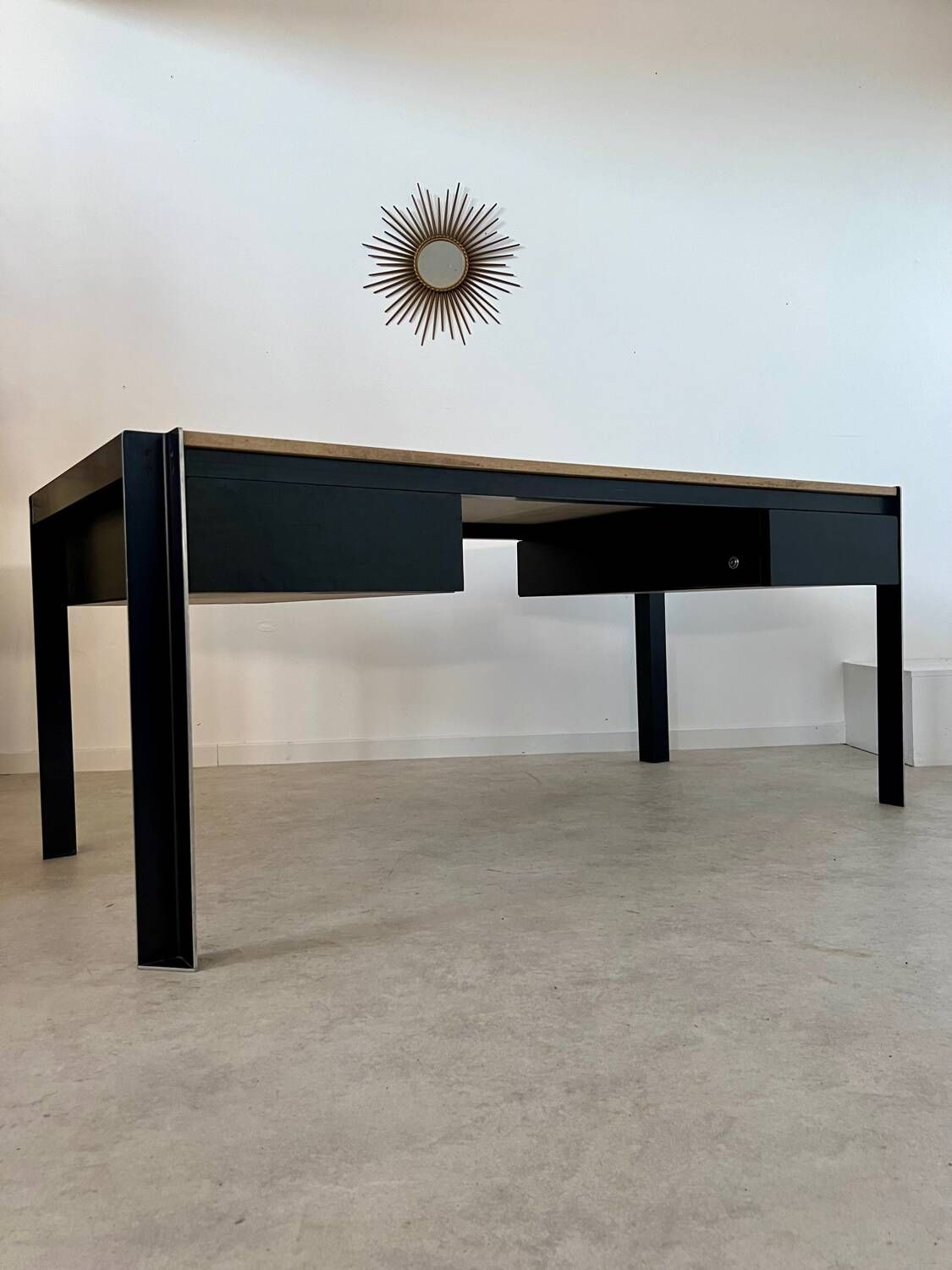 Italian design postmodern desk in metal and vintage 80s travertine top