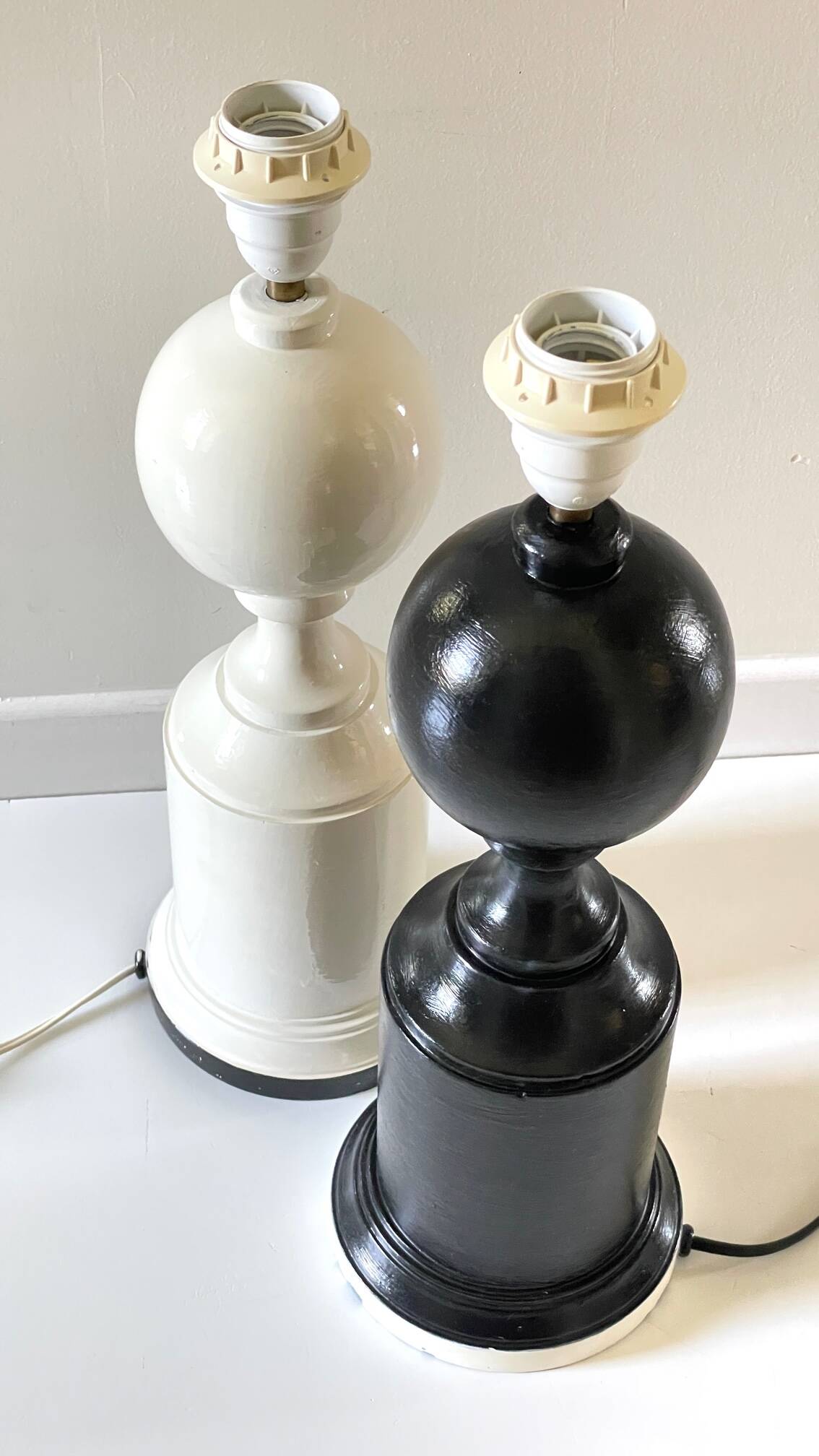 2 Vintage Black and White Turned Wood Lamp Bases