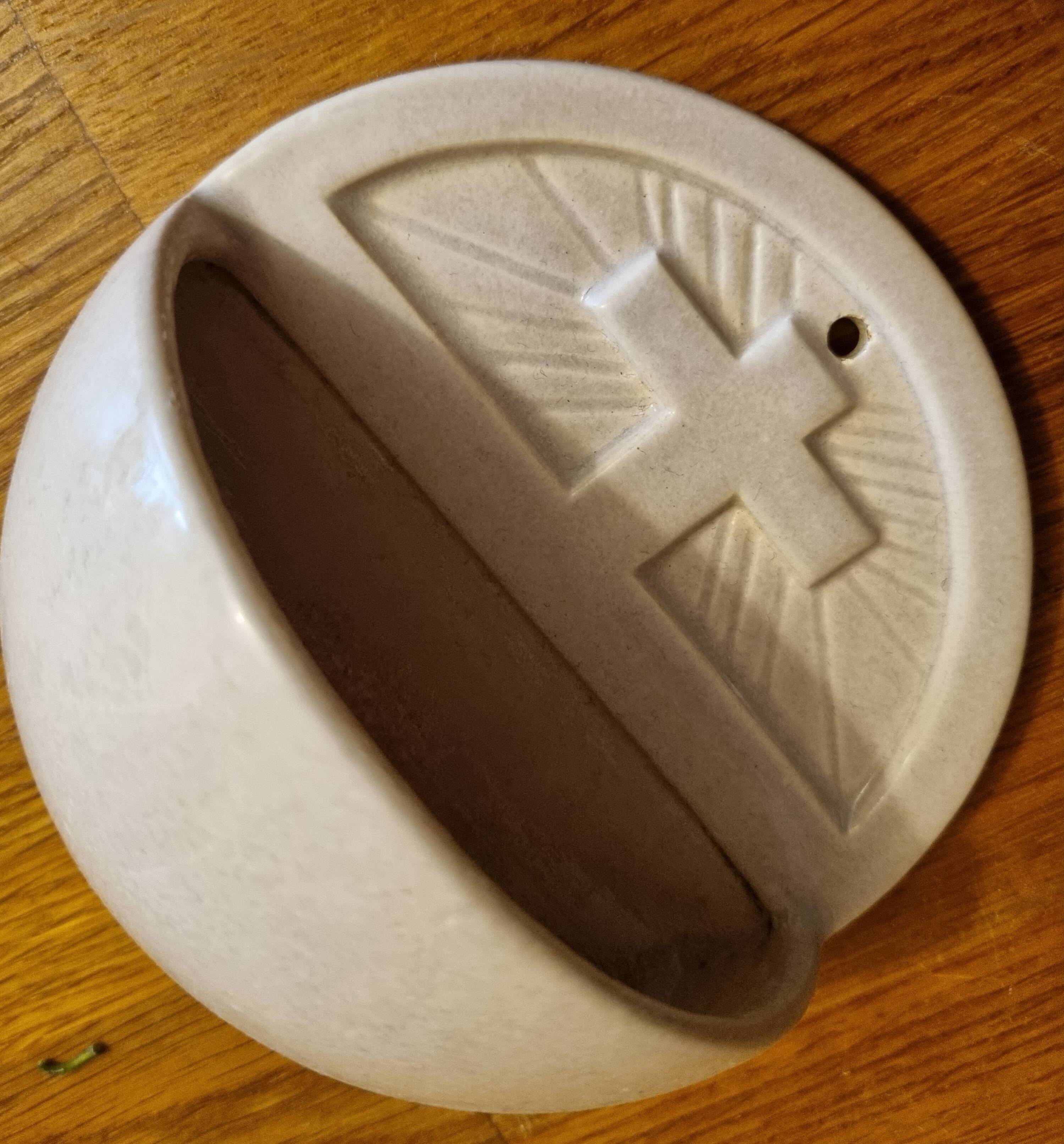 Antique earthenware holy water font from Desvres, 1950s