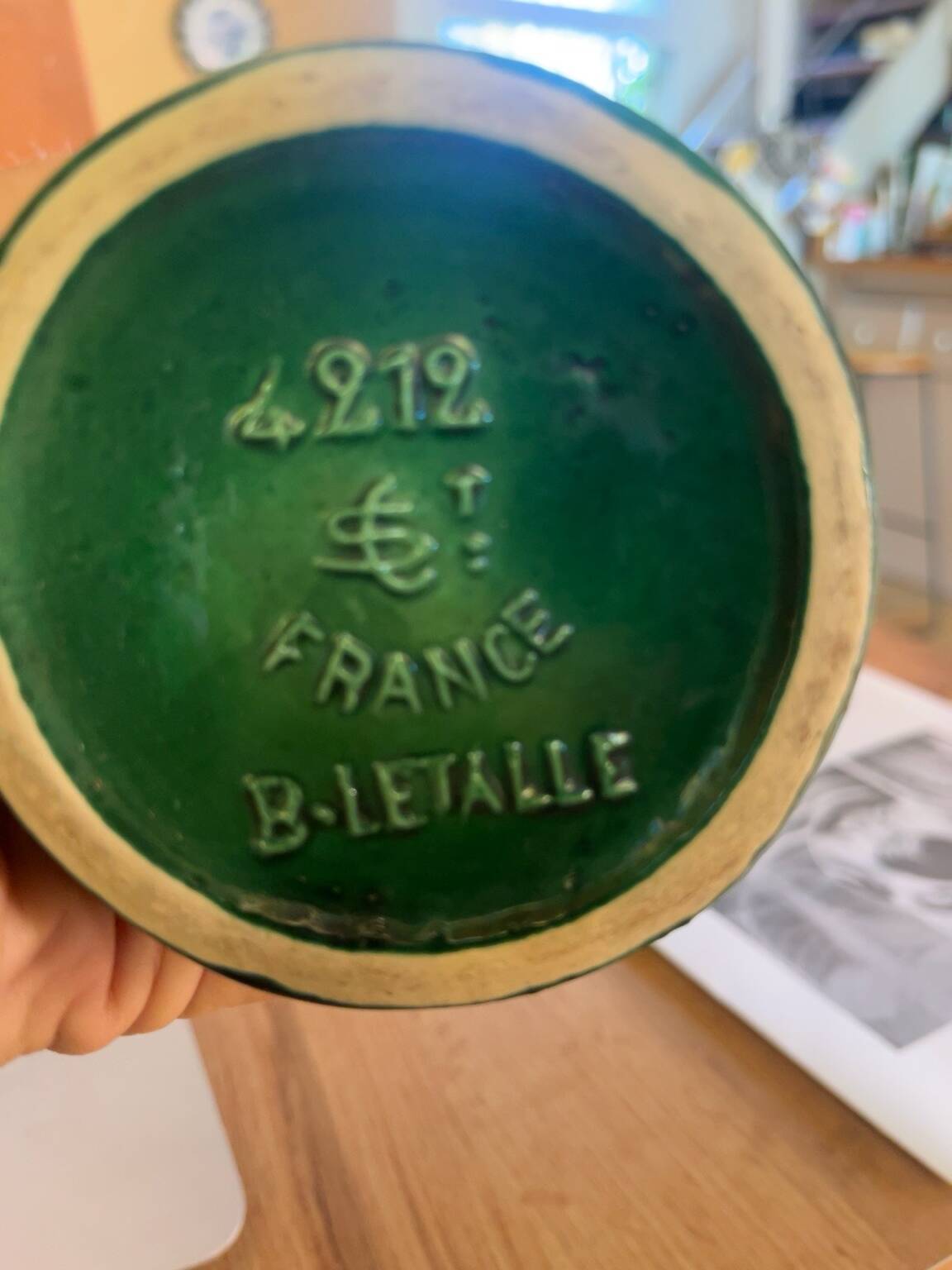 White Letalle vase for Saint Clément - model 4212 in green and gold.
