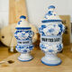 Set of two vintage painted ceramic apothecary pots