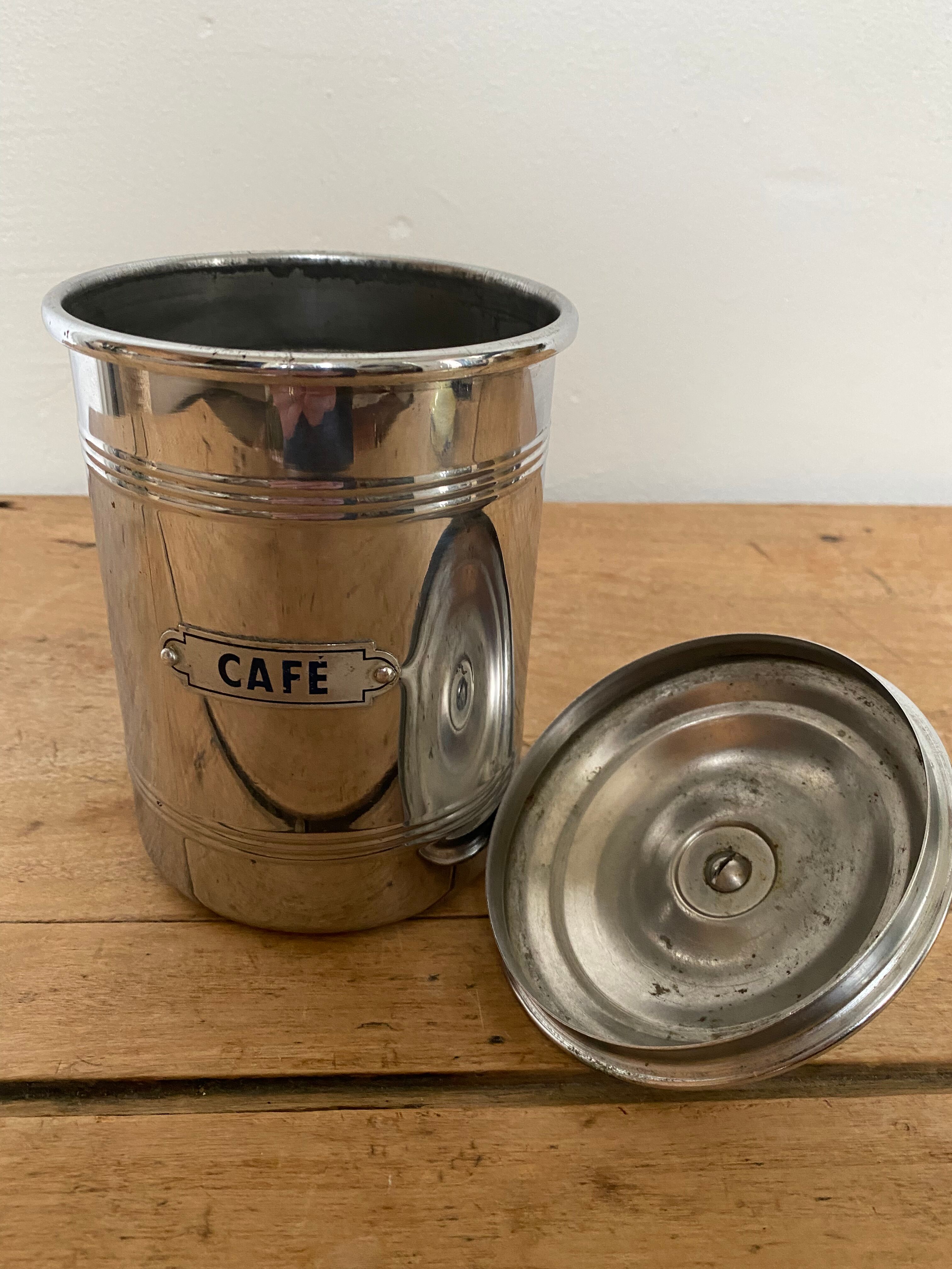 Set of two chrome-plated copper coffee/sugar jars stamped