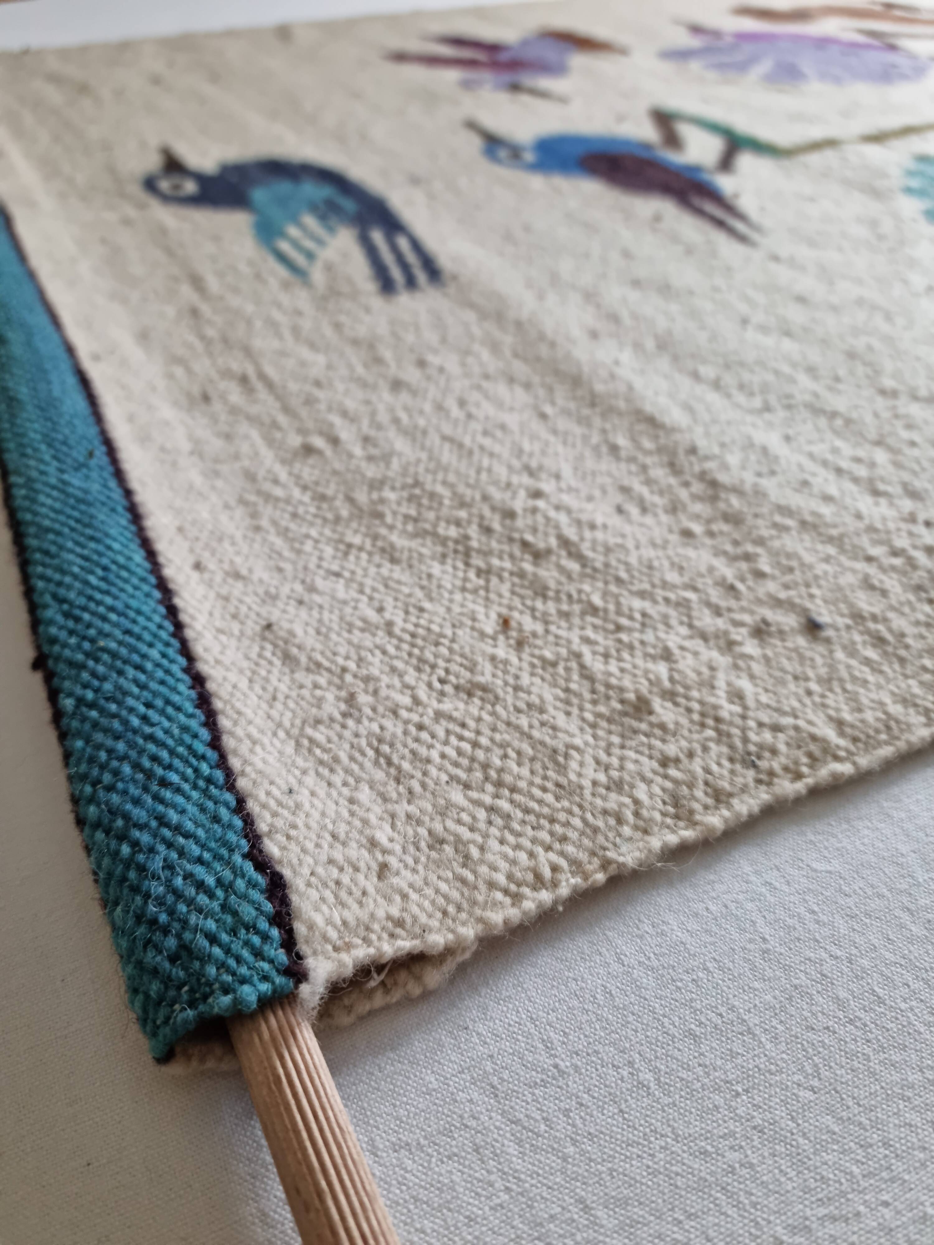 Handcrafted wall tapestry in dyed wool, bird decor, 67 cm by 84 cm